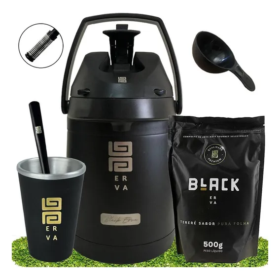 Kit Tereré Black + Cuia Térmica + Garrafa Inox + Bomba Mola Foto 1