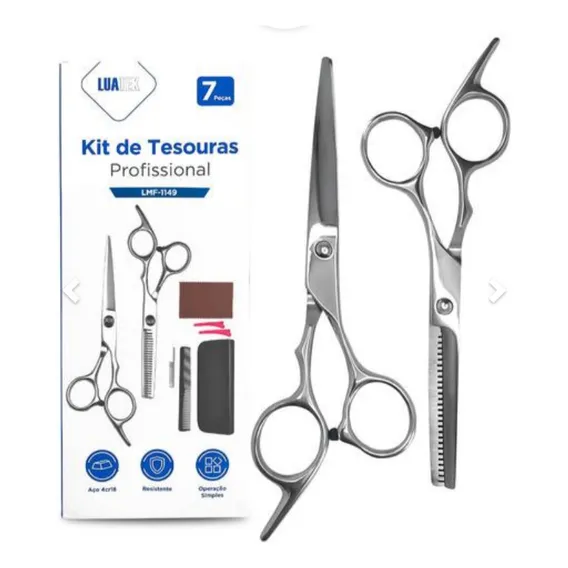 Kit Tesoura Profissional Cabeleleiro Corte Cabelo Cor Prateado Foto 1