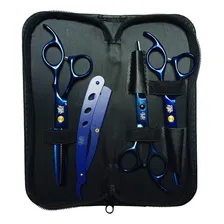 Kit Tesouras Profissionais Cabeleireiro Fio Laser Fio Navalha Desfiadeira Hd + Estojo Cor Azul Foto mini 2