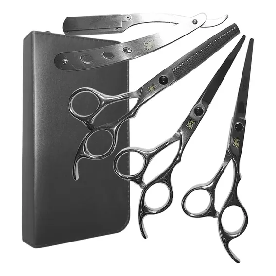 Kit Tesouras Profissionais Cabelo Barbeiro Fio Navalha Cor Prateado Foto 1