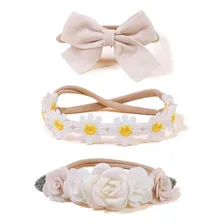 Kit Tiaras Faixas Para Bebês Crianças Newborn Flores Arranjo Cor Bege Foto mini 1