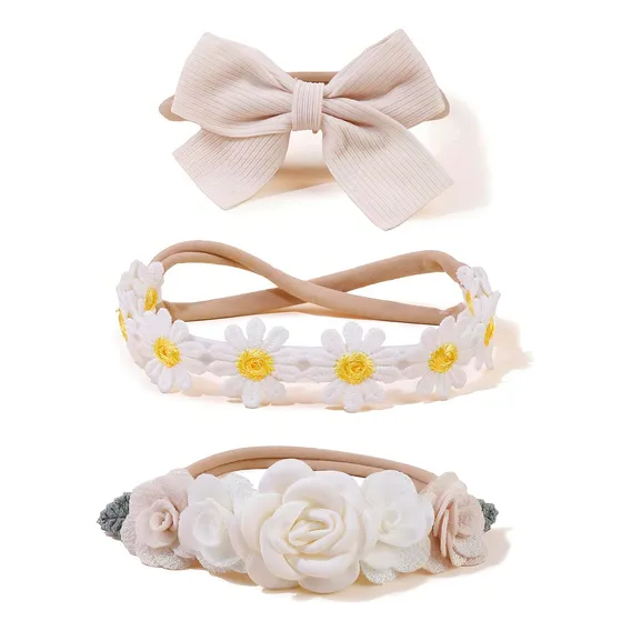 Kit Tiaras Faixas Para Bebês Crianças Newborn Flores Arranjo Cor Bege Foto 1