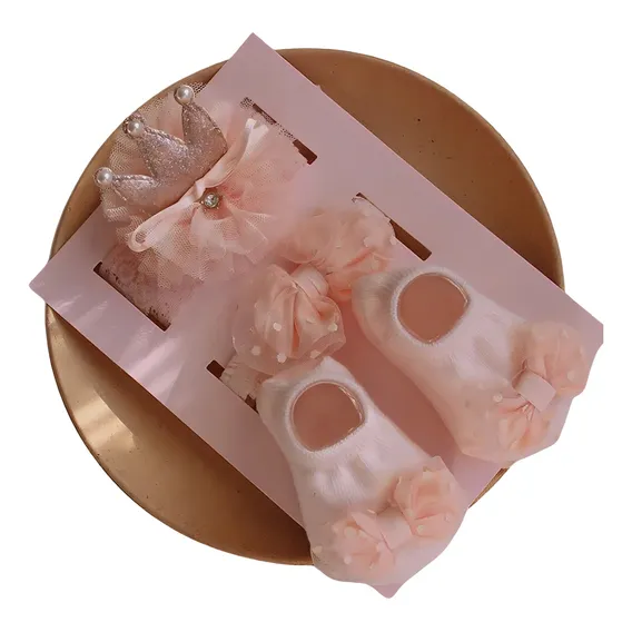 Kit Tiaras Faixas Sapato Meia Criança Newborn Flores Cor Rosa Bebê -1 Foto 1