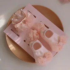 Kit Tiaras Faixas Sapato Meia Criança Newborn Flores Cor Rosa Bebê -1 Foto mini  2