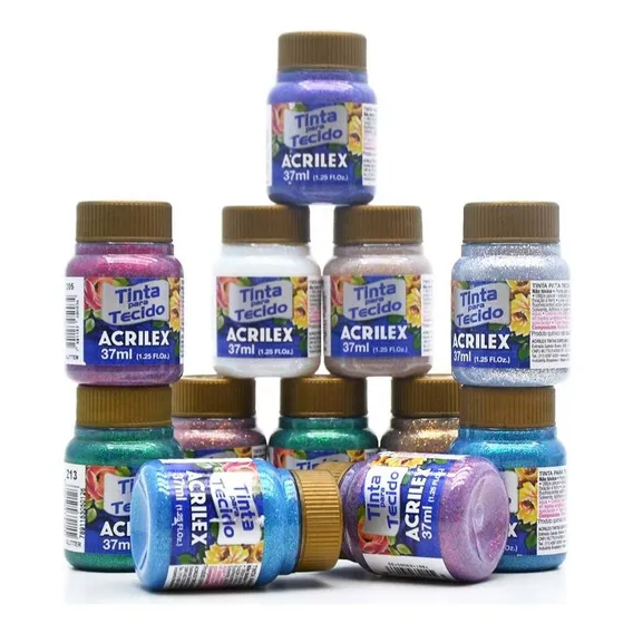 Kit Tintas Para Tecido Com Glitter Acrilex - 12 Cores Foto 1