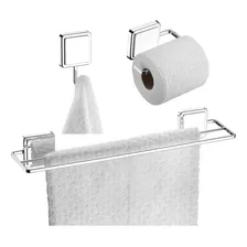 Kit Toalheiro Gancho Suporte Papel Higiênico Adesivo Cromado Foto  mini 1
