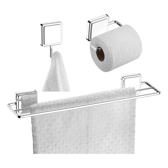 Kit Toalheiro Gancho Suporte Papel Higiênico Adesivo Cromado Foto 1