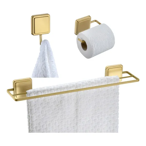 Kit Toalheiro Gancho Suporte Papel Higiênico Adesivo Dourado Foto 1