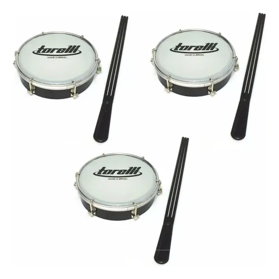 Kit Torelli 3 Tamborim Preto Pele Leitosa Tt404 + Baqueta Foto 1