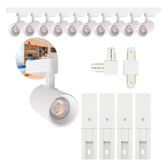 Kit Trilho Eletrificado 4m Branco + 10 Spots Led 7w Quente Estrutura Emenda Curva 110v/220v Foto 1