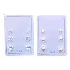 Kit Trio Brincos Prata 925 Coração Zircônias Bolinhas Prata Foto mini 1