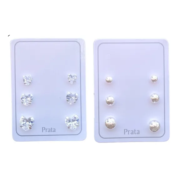Kit Trio Brincos Prata 925 Coração Zircônias Bolinhas Prata Foto 1