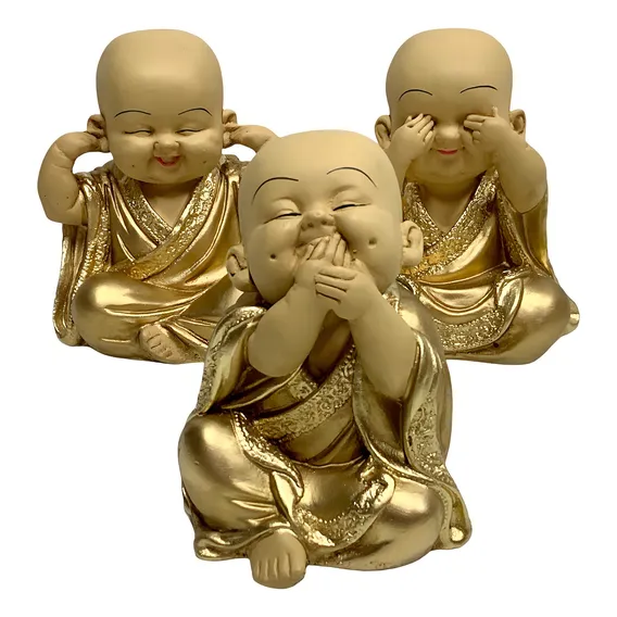 Kit Trio Buda Ouro Cego Surdo Mudo Estatueta Monge Paz Harmonia Foto 1