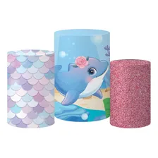 Kit Trio Capas Cilindro Tecido Festa Fundo Do Mar Rosa Foto mini 1