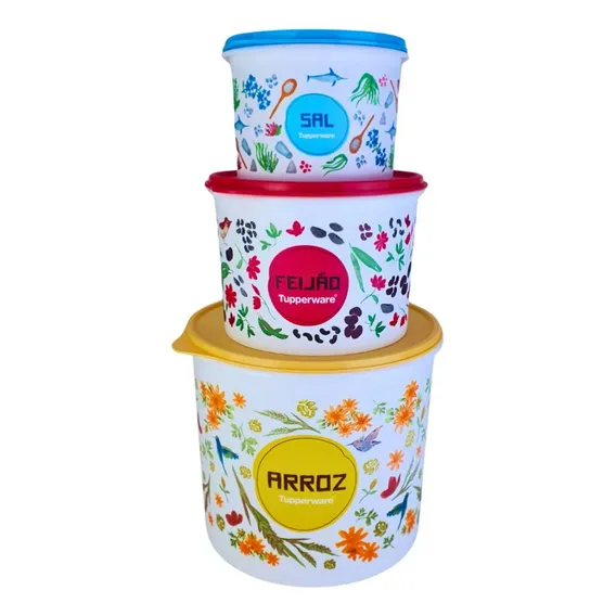 Kit Tupperware Caixa de Mantimento Arroz 5kg Plus + Feijão 2kg + Sal 1,3kg Floral Foto 1