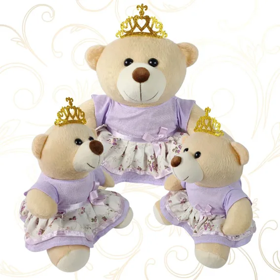 Kit Ursinhos Pelucia Princesa Coroa Enfeite Temático Fofinho Cor Lilás Foto 1