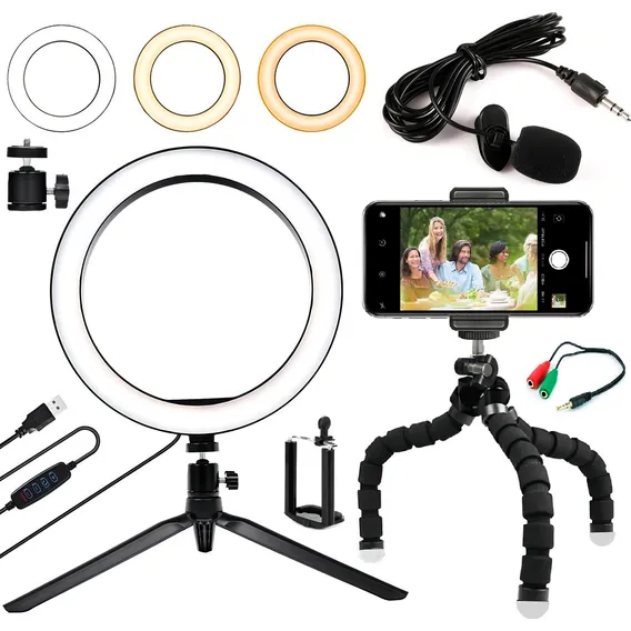 Kit Youtuber Microfone Celular Tripé Iluminador Ring Light Foto 1