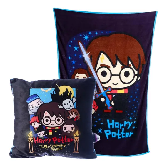 Kit Zonacriativa Almofada Com Manta Harry Potter Cor Azul Foto 1