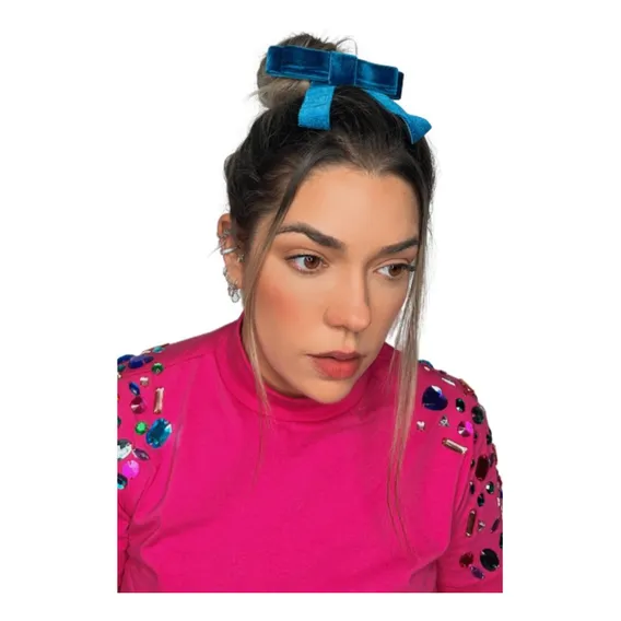 Laço De Veludo Liso Com Presilha Para Cabelo. Cor Azul Foto 1