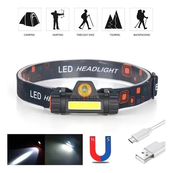 Lanterna Cabeça Capacete Recarregavel Led T6 + 1 Led Cob Foto 1