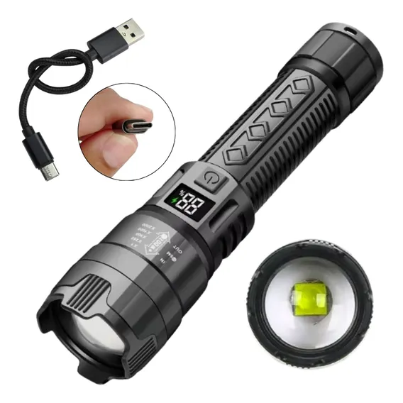 Lanterna Led Forte Tática Display Usb Zoom Emergência Lanterna Preto Foto 1