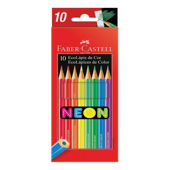 Lápis de Cor 10 Cores Neon Sextavado Faber Castell Ecolápis Foto 1