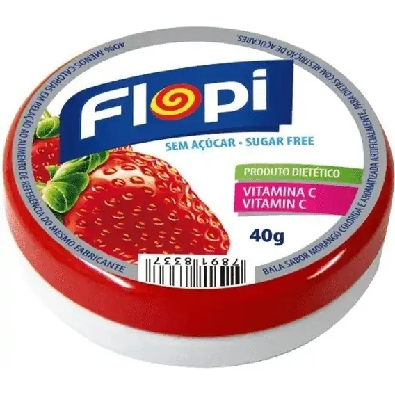 Lata Bala Sem Açucar Flopi 40g Bala Sem Açucar Morango Foto 1