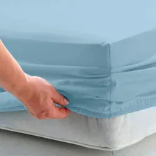 Lençol Slim Queen Avulso C Elástico Percal 200 Fios 11 Cores Cor Azul Desenho do tecido Liso Foto mini 1