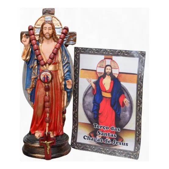 Linda Imagem Santas Chagas Em Gesso + Terço Em Madeira Cor Colorido Foto 1