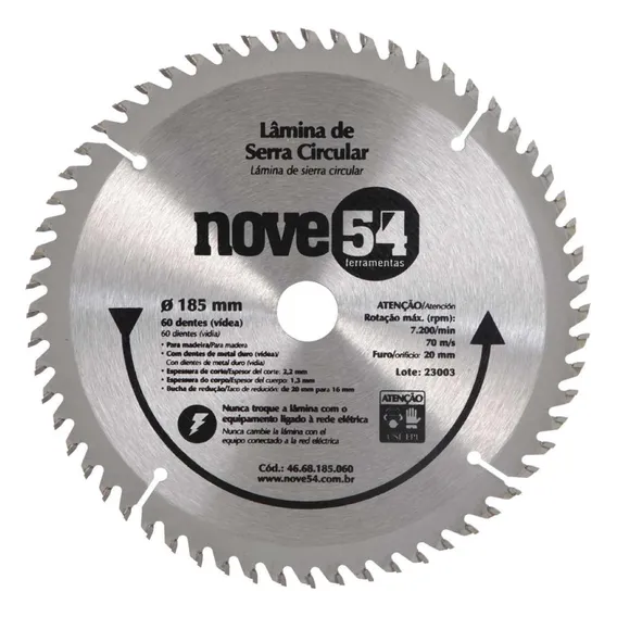 Lâmina Serra Circular VĂdea 185mm 60 Dentes Furo 20mm Nove54 Foto 1