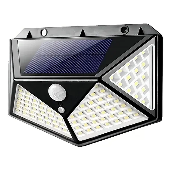 Lâmpada Parede 100 Leds Energia Solar Luminária Sensor Preto Foto 1