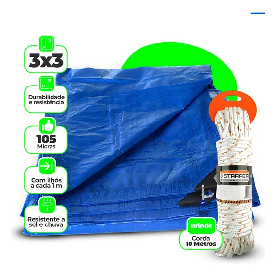 Lona 3x3 Azul Impermeavel Barraca Camping Telhado +10m Corda Foto 1