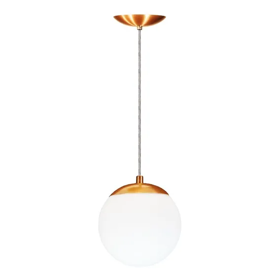 Luminária Pendente Lustre Bola Vidro Leitosa Decoração Estrutura Cobre Bivolt Foto 1