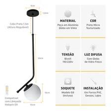 Luminária Pendente Stick Light Preto Globo Vidro Leitoso Foto mini  2