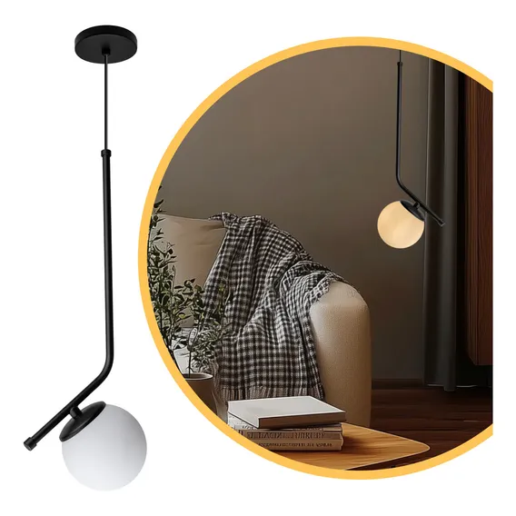 Luminária Pendente Stick Light Preto Globo Vidro Leitoso Foto 1