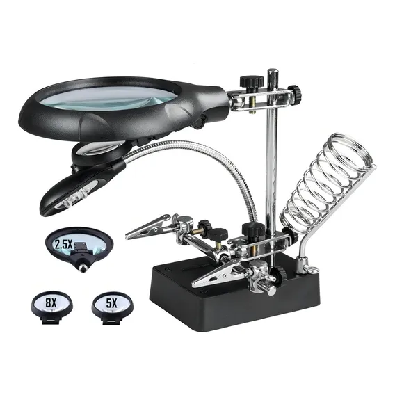 Lupa Mesa Bancada 5 Leds Garras Suporte Solda Com 3 Lentes Foto 1