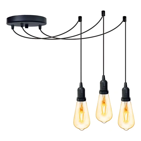 Lustre Aranha Com 3 Pendentes De 2m + Soquetes + Lampadas Estrutura Preto 110v 220v (bivolt) Foto 1
