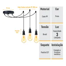 Lustre Aranha Com 3 Pendentes De 2m + Soquetes + Lampadas Estrutura Preto 110v 220v (bivolt) Foto mini 2