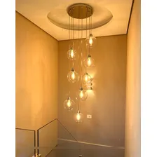 Lustre Pendente 8 Globos Transparentes Para Hall De Escadas Estrutura Base Inox Espelhada - Fios Transparente Lâmpadas De Filamento De Carbono 110v - Inclusas ? Lustres Gênesis Foto  mini 1