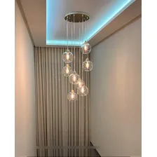 Lustre Pendente 8 Globos Transparentes Para Hall De Escadas Estrutura Base Inox Espelhada - Fios Transparente Lâmpadas De Filamento De Carbono 110v - Inclusas ? Lustres Gênesis Foto mini  3