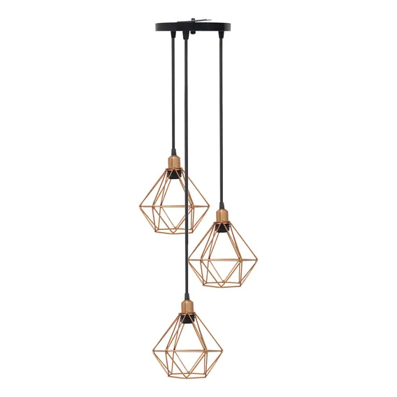 Lustre Pendente Aramado Triplo Diamante Cobre Rose Gold Foto 1