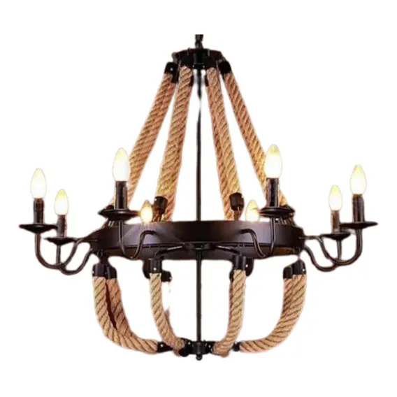 Lustre Pendente Corda Design Rústico 8 Lâmpadas E14 Estrutura Preto 110V/220V Foto 1
