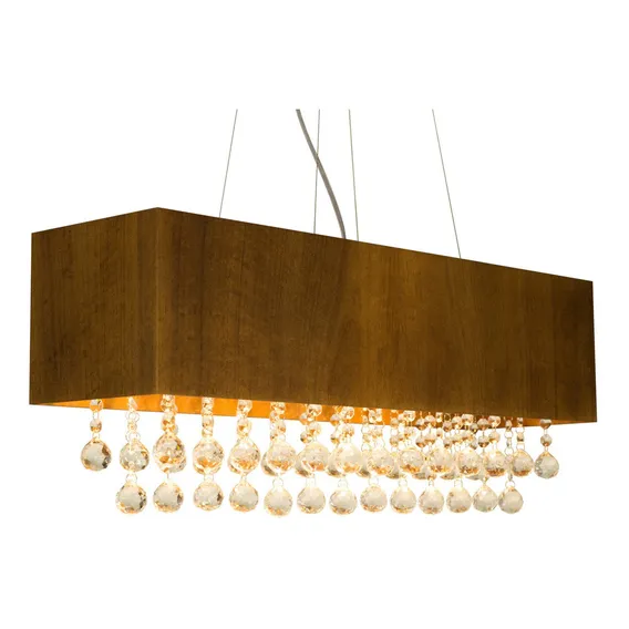 Lustre Pendente Retangular Em Madeira Imbuia E Cristais 60cm Foto 1
