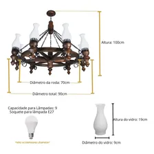 Lustre Roda De Carroça Envelhecida 9 Lâmpadas Luminárias Muller 909e Cor Marrom 110V/220V Foto mini 3