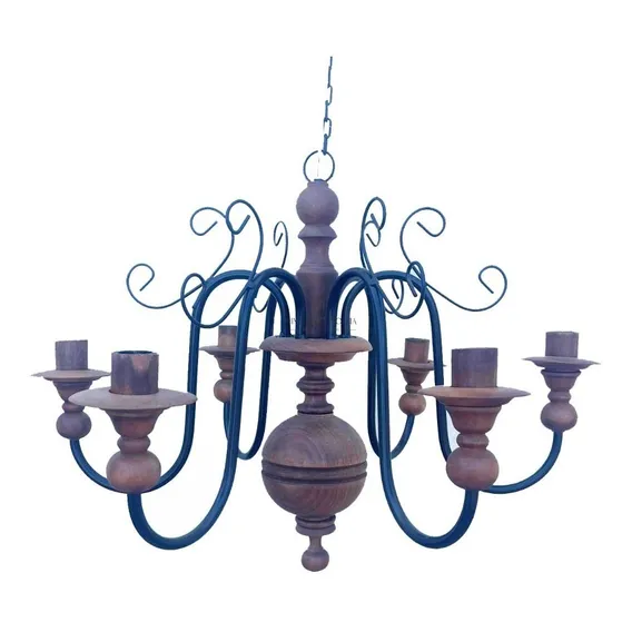 Lustre Rustico Madeira Torneado Ferro Artesanal 6 Lampadas Estrutura Natural Foto 1
