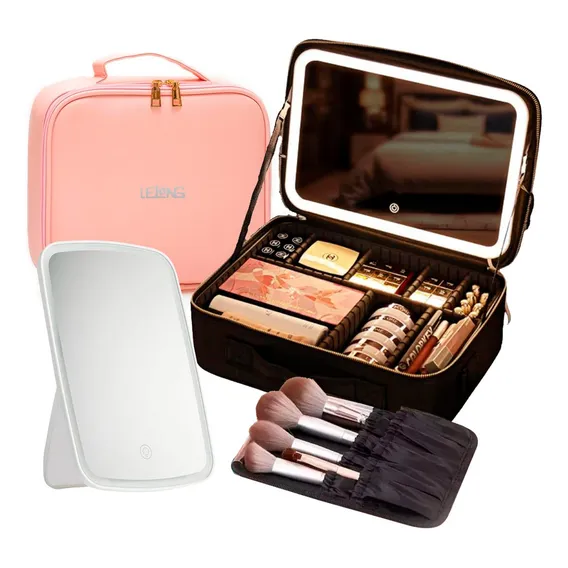 Maleta Maquiagem Profissional Necessaire Espelho Led Viagem Cor Rosa Foto 1