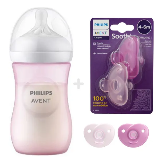 Mamadeira Avent Pétala 260ml + Chupeta Soothie Rosa Foto 1
