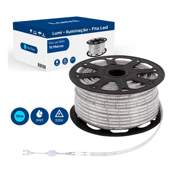 Mangueira Fita Led Chata 10 Metros 60smd/m 5050 Ip67 Azul Claro 127/220v Foto 1
