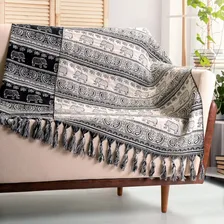 Manta Para Sofá Jacquard Indiano Branco Preto 2,20m X 1,40m Cor Branco/Preto Foto  mini 1