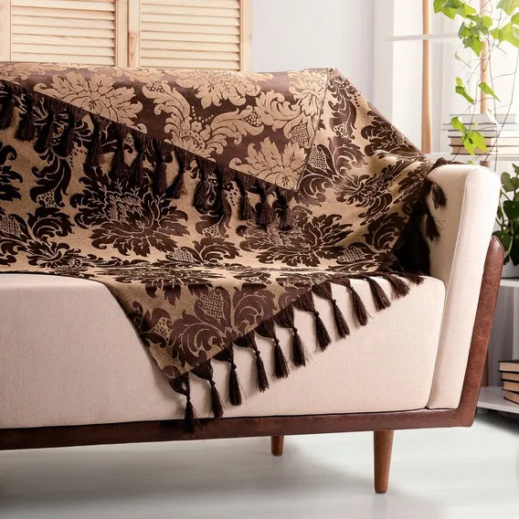 Manta Para Sofá Jacquard Medalhão Marrom Bege 1,80 X 1,40 Cor 18 - Marrom e bege Foto 1